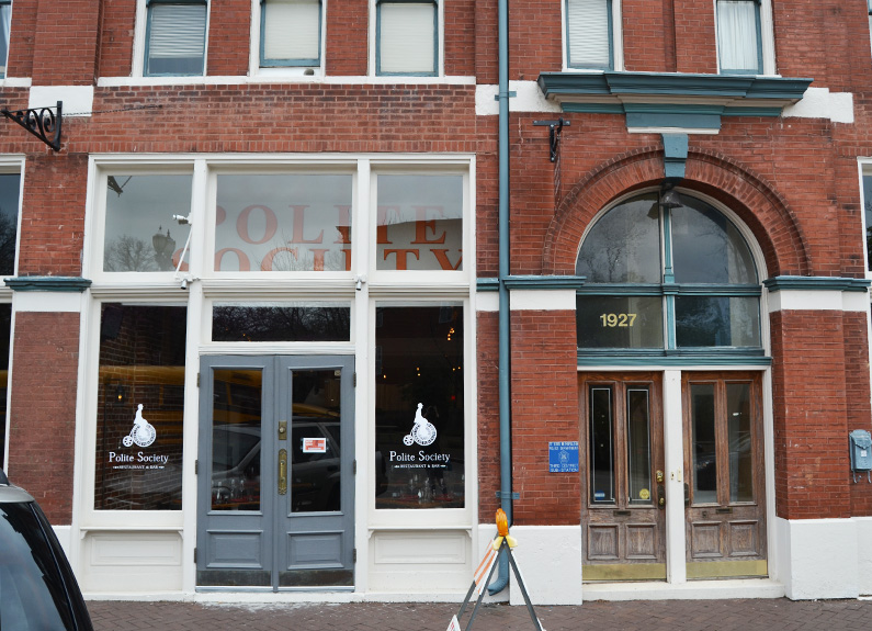 the exterior of the brickbuilding where polite society is located