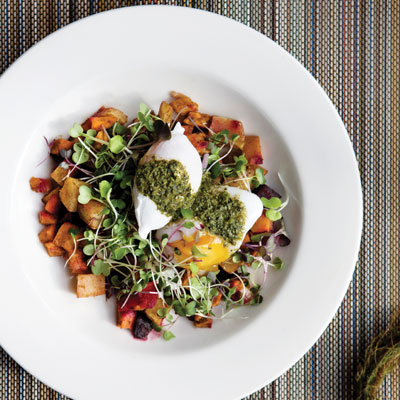 Vegetable Hash with Poached Duck Eggs and Pea Shoot Pesto