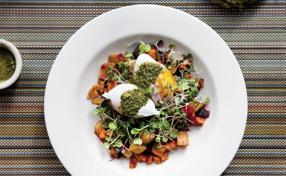 Vegetable Hash with Poached Duck Eggs and Pea Shoot Pesto