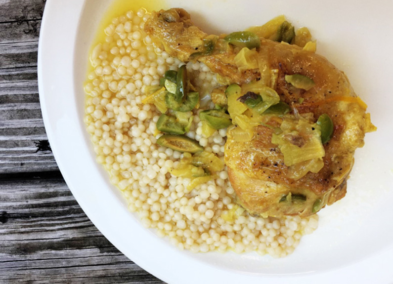 Braised Chicken with Green Olives, Lemon and Saffron