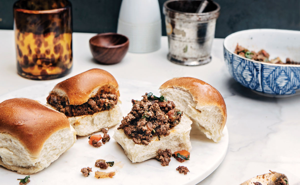 kheema pav, curried ground meat sliders