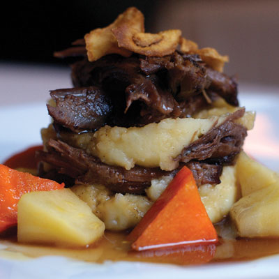 Axis Venison Parmentier With Mashed Potatoes, Glazed Root Vegetables and Truffle Oil