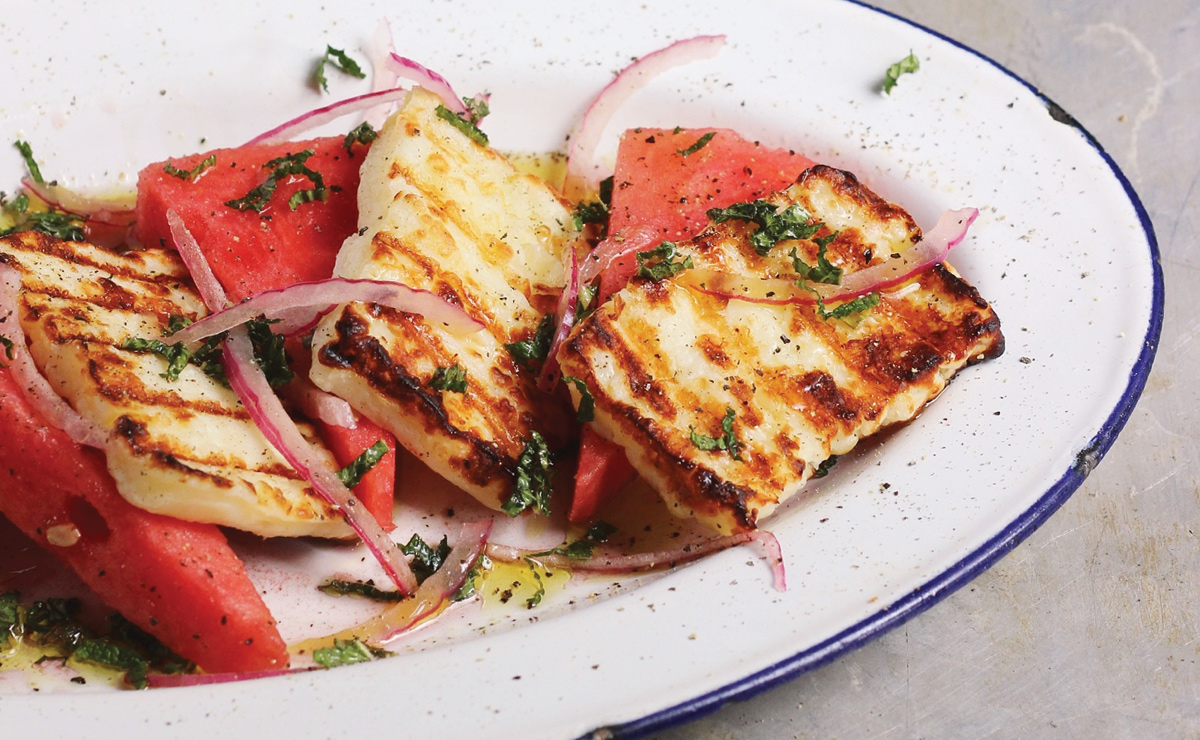 Grilled halloumi with watermelon and mint