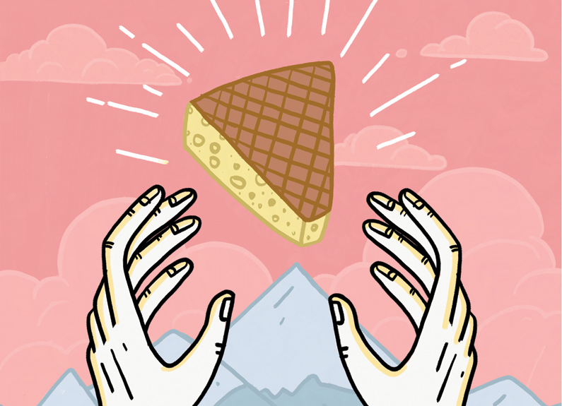 illustration of hands reaching for cheese with mountains in background