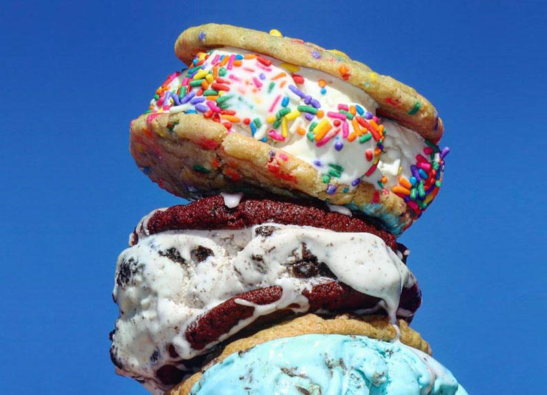 three cookie ice cream sandwiches