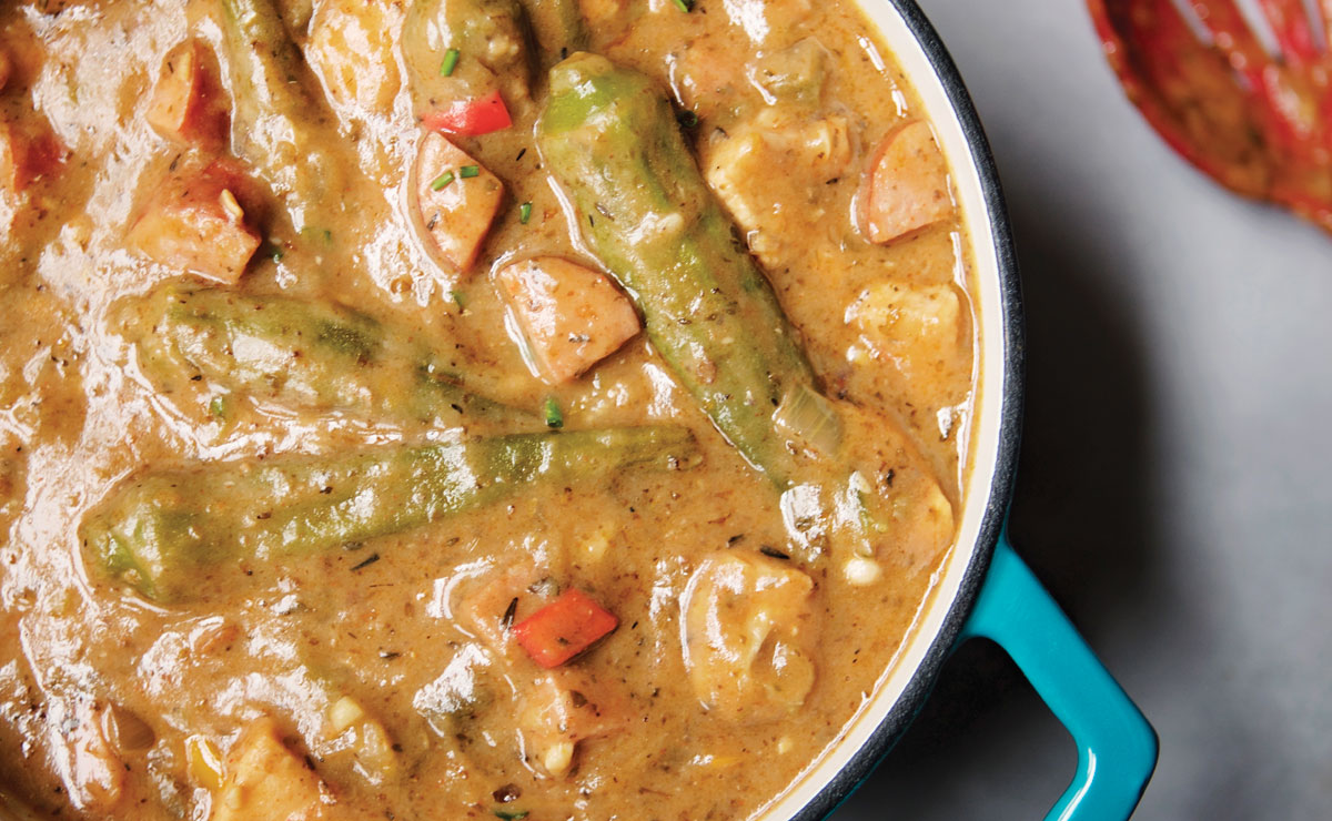 chicken and andouille gumbo in a dutch oven