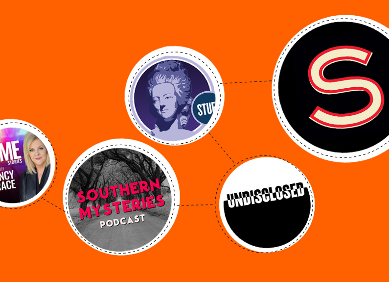 five logos from podcasts on an orange background