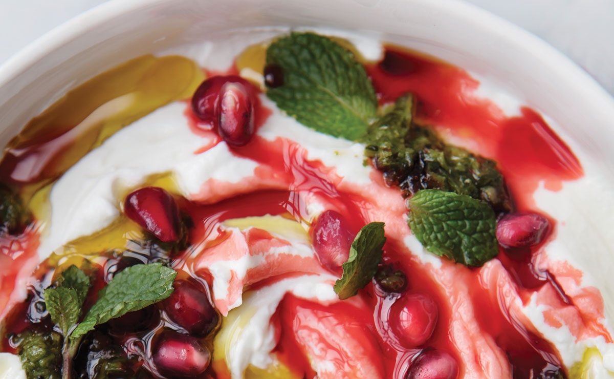 a bowl of yogurt swirled with pink pomegranate molasses and green zhoug