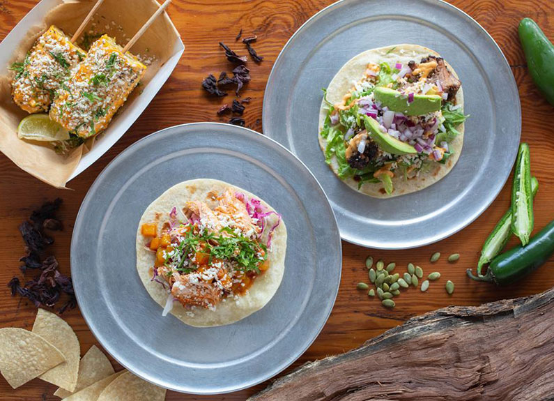 two tacos on a blue plates