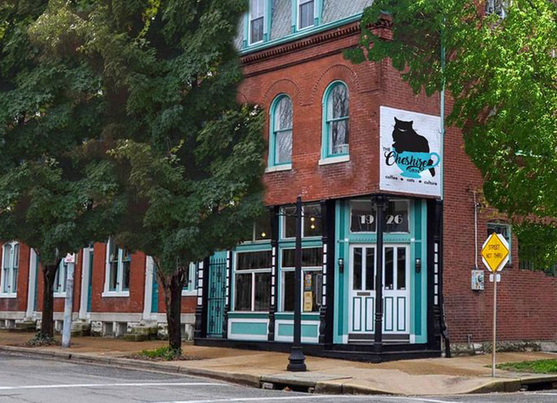 the exterior of a brick building with a cat sign outside