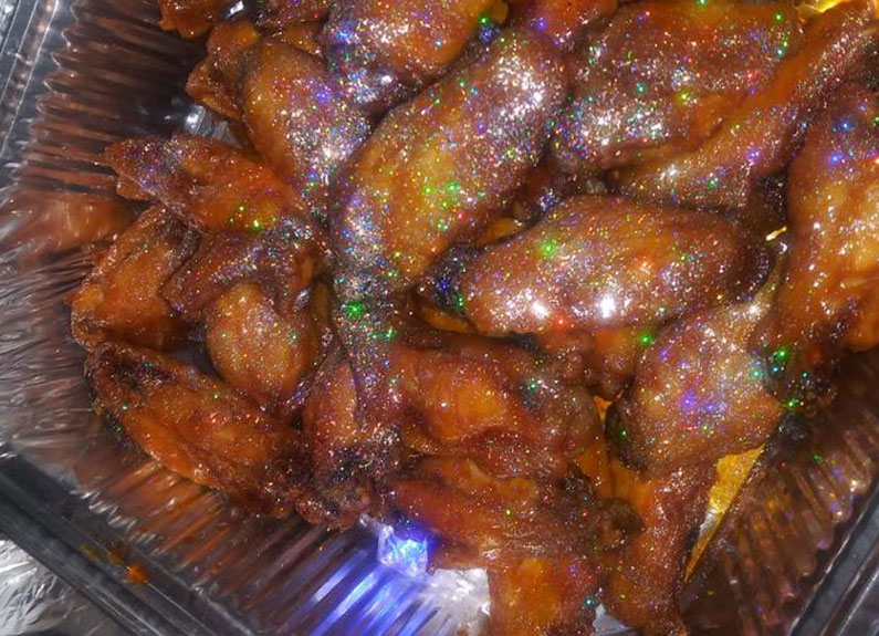 chicken wings with edible diamond dust from waayyy too much sauce in st. louis