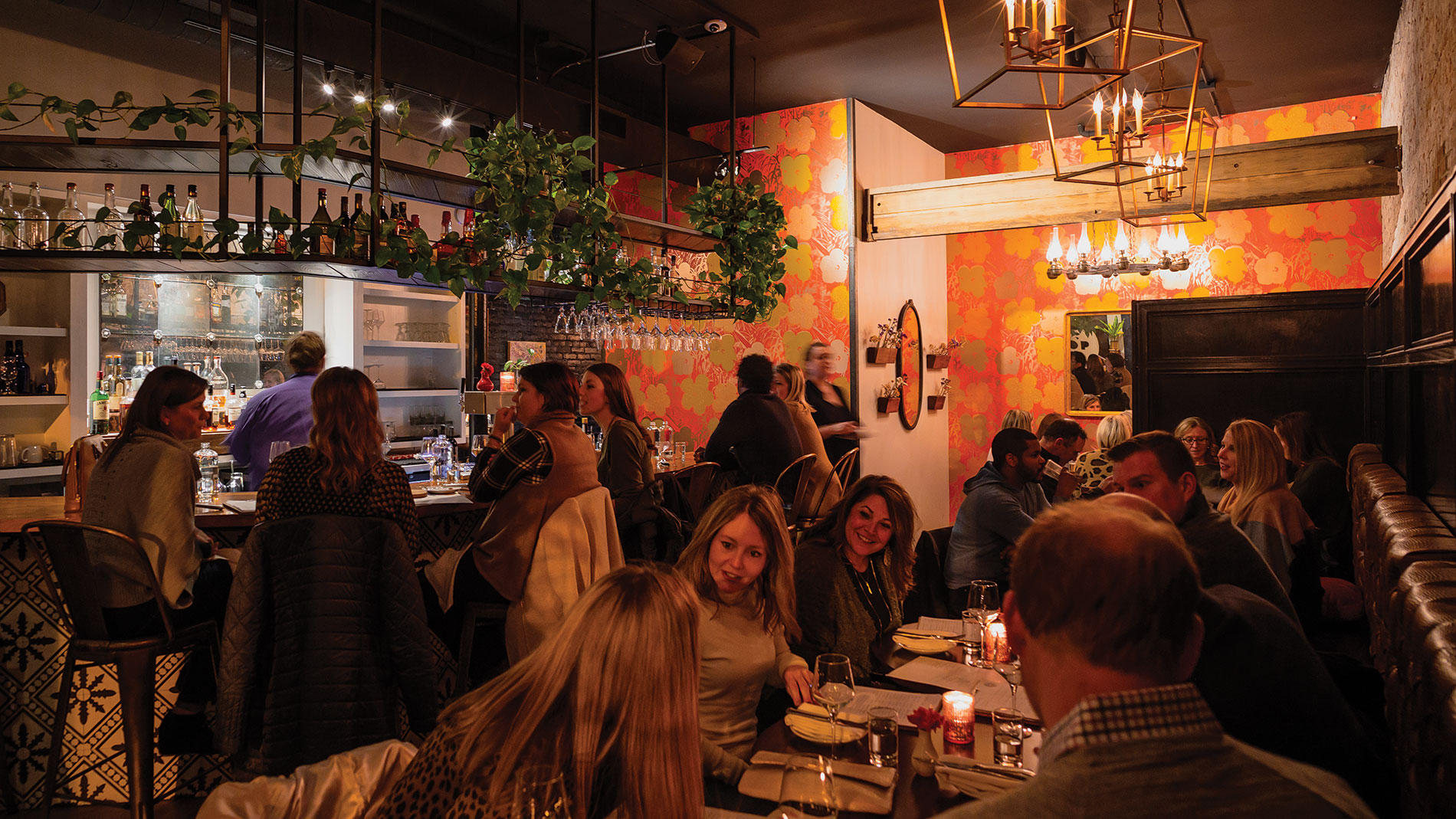 a crowded, dimly lit dining room