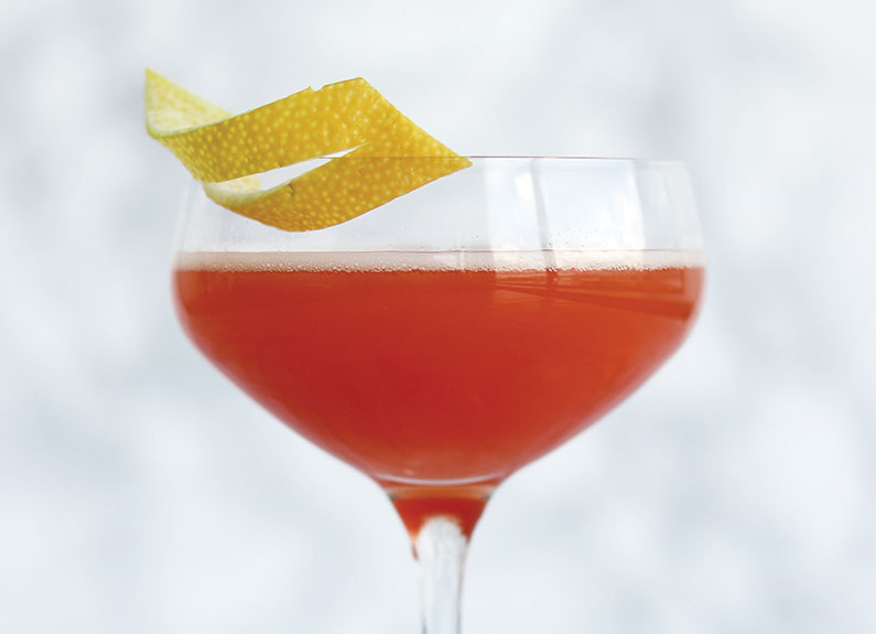 a burnt orange cocktail in a coupe glass with a lemon garnish