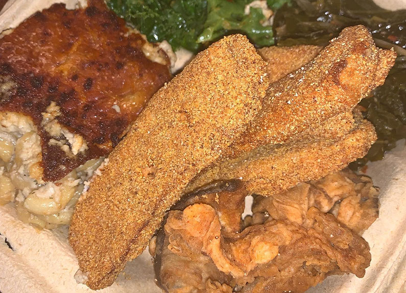 phish fried eggplant with battered oyster mushrooms and sides from adina’s vegan cuisine