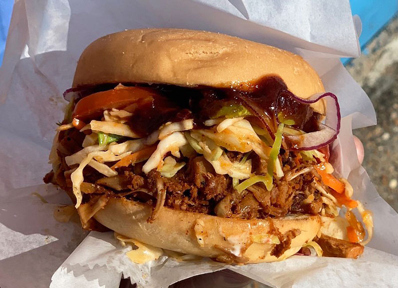 bbq jackfruit sandwich from original family smokehouse in fortune teller bar on cherokee street