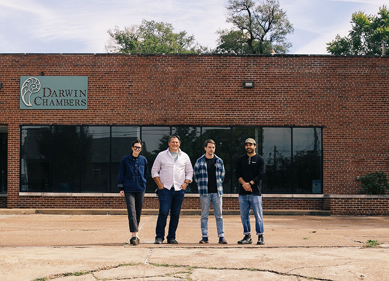 blueprint coffee owners in front of the new roastery; from left: Nora Brady, Mike Marquard, Kevin Reddy, Mazi Razani