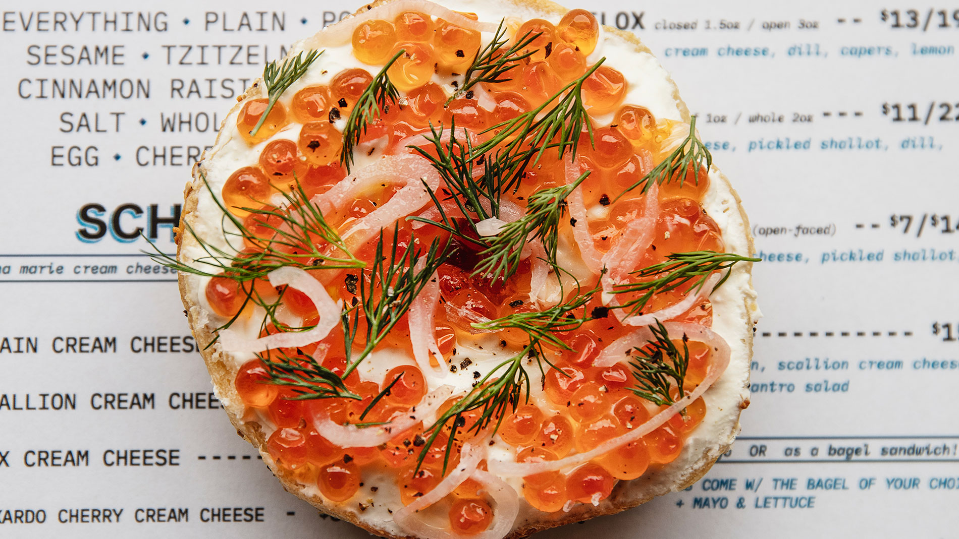 bagel with salmon roe and cream cheese from bagel union in webster groves