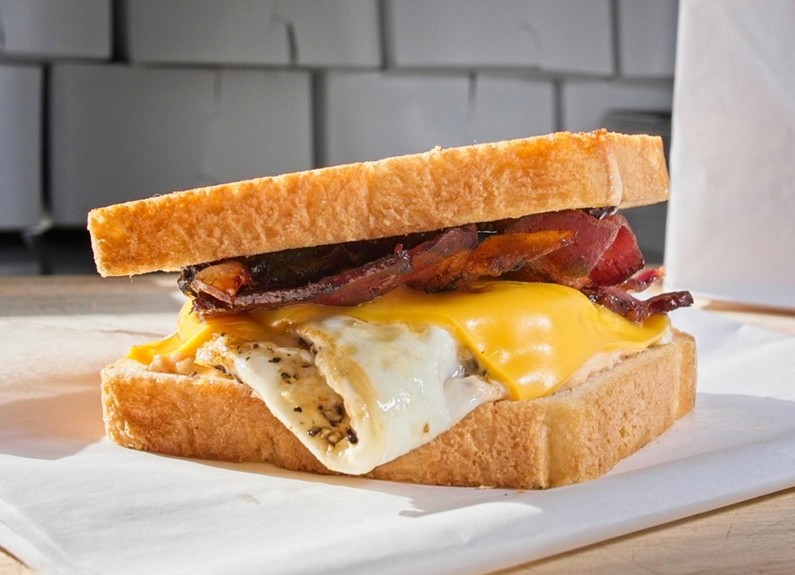 bacon, egg and cheese breakfast sandwich at up late in st. louis