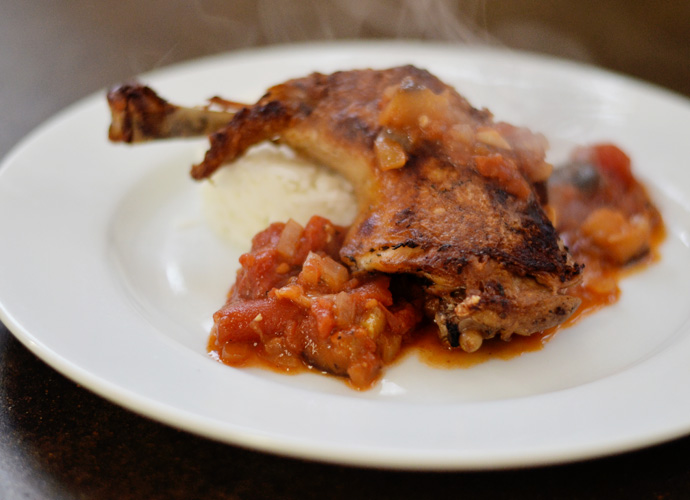 Sauce Magazine Recipe Chicken Confit with Eggplant Sauce