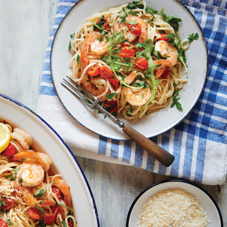 Spaghetti with Heirloom Cherry Tomato, Shrimp and Arugula