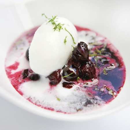 Blueberry Soup With Buttermilk Sherbet and Moscato d’Asti