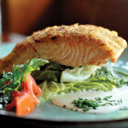 Celery Root and Horseradish-Crusted Wild Salmon With Creme Fraiche-Apple Cider Sauce