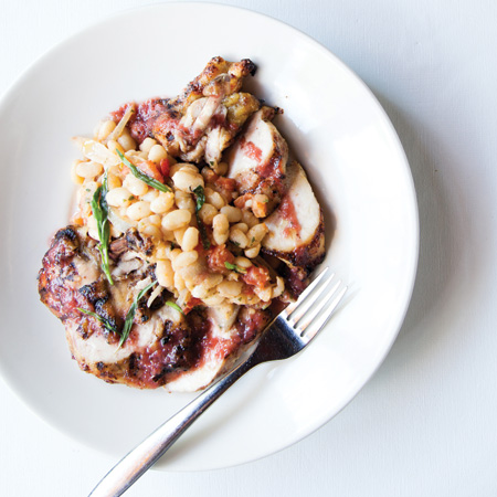 Grilled Chicken Breast with White Bean Ragout and Balsamic-Strawberry-Tarragon Sauce 