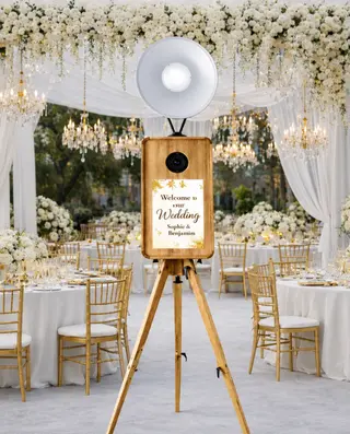 Photobooth vintage en bois dans une ambiance événementielle chaleureuse
