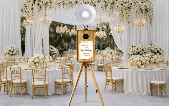 Snap&Shot Photobooth Vintage Origin in Western Switzerland, compact model with a retro wooden design, ideal for small spaces and intimate events