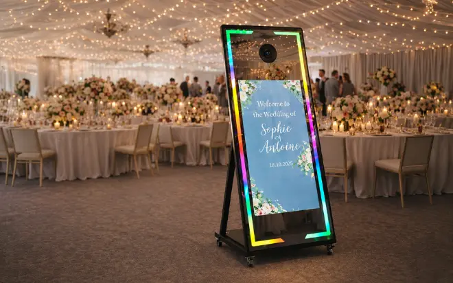 Snap&Shot Photobooth Mirror Prestige in Western Switzerland, large showstopper model for galas and high attendance, with wow effect and premium animation
