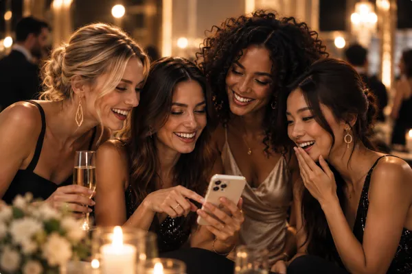 Invités votant pour leurs photos préférées sur smartphone lors d’un événement Snap&Shot