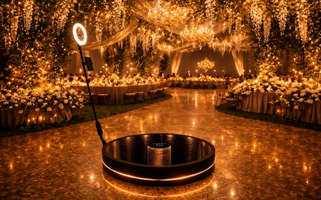 Videobooth 360° LED 120 cm Snap&Shot Photobooth en Suisse romande, plateforme recommandée jusqu’à 7 personnes pour événements corporate, mariages et soirées privées