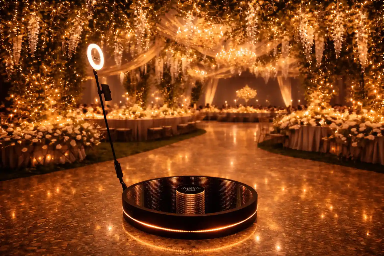 Videobooth 360° LED 120 cm Snap&Shot Photobooth en Suisse romande, plateforme recommandée jusqu’à 7 personnes pour événements corporate, mariages et soirées privées