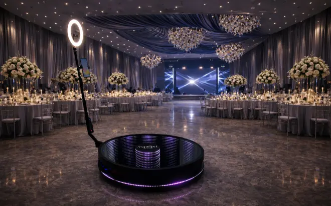 Videobooth 360° LED 80 cm Snap&Shot Photobooth en Suisse romande, plateforme compacte jusqu’à 3 personnes pour animation vidéo immersive et partage instantané