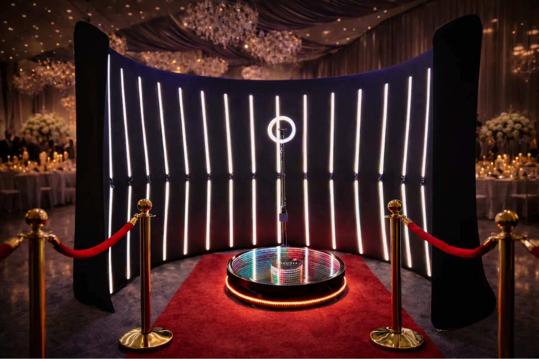 Toile de fond 360° Snap&Shot : installation événement avec tapis et cordons