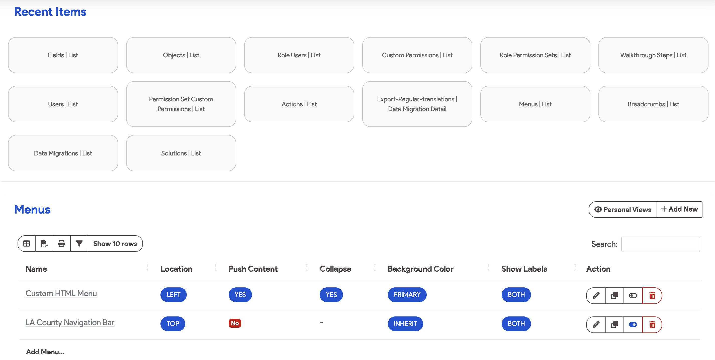 recent items and menus