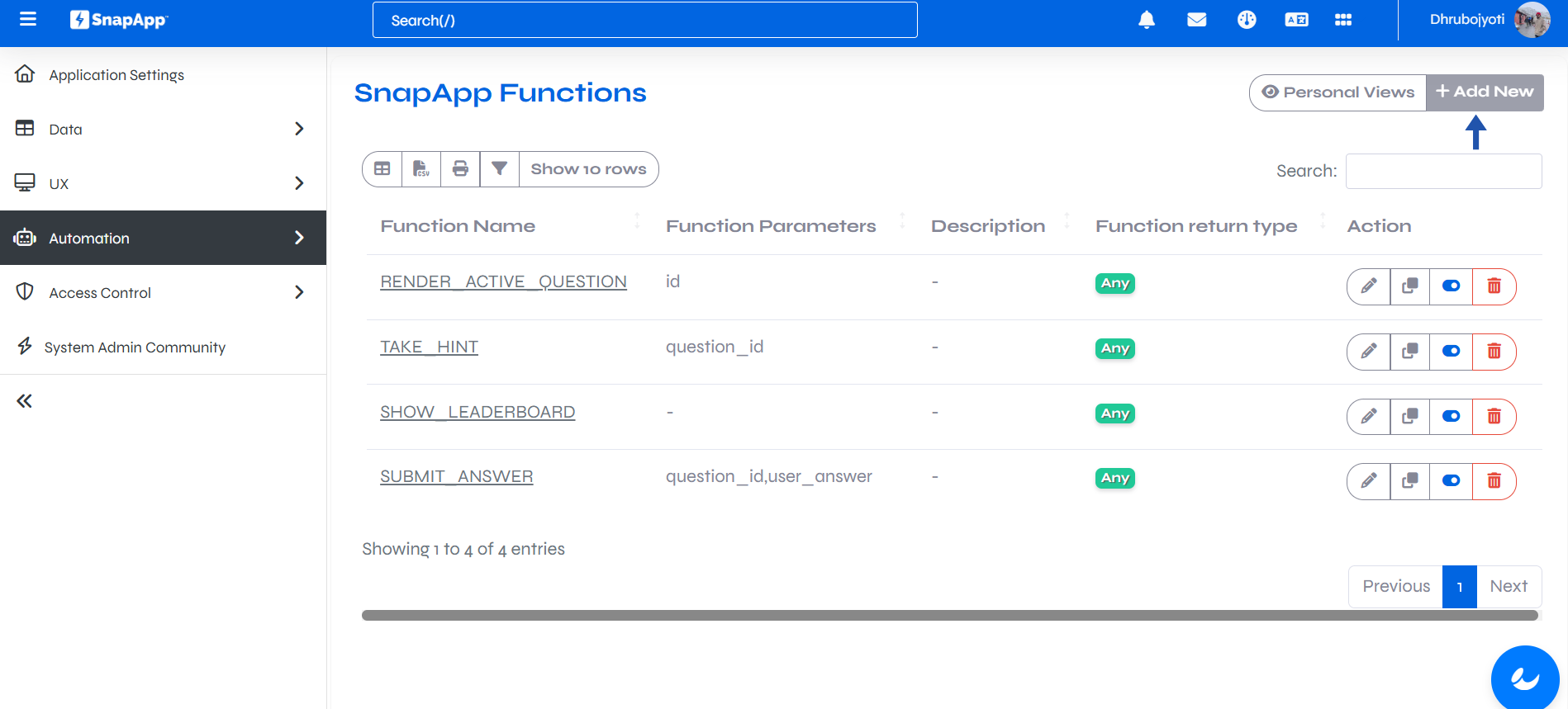 Snapapp function list View to create a function