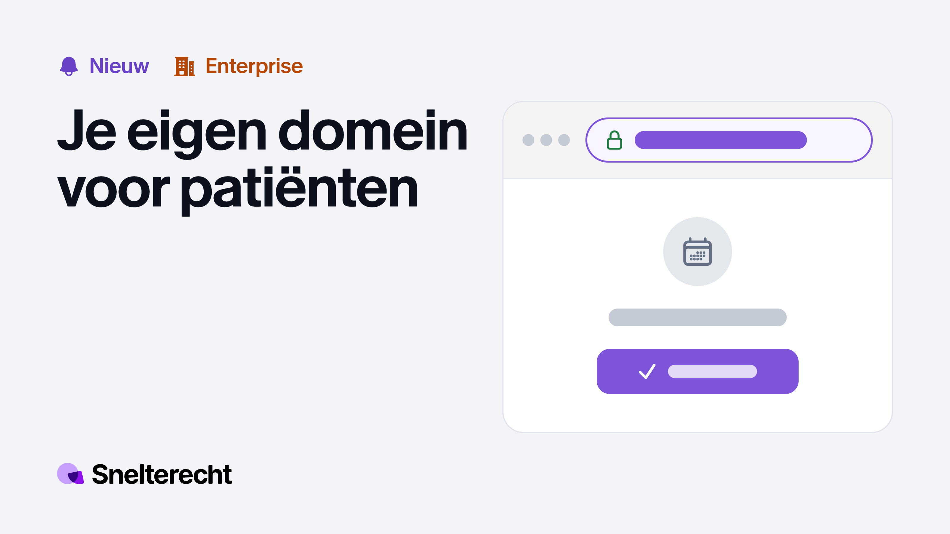 Browservenster met een paars omlijnde adresbalk met een slotje, en daaronder een pagina met een paarse bevestigknop.