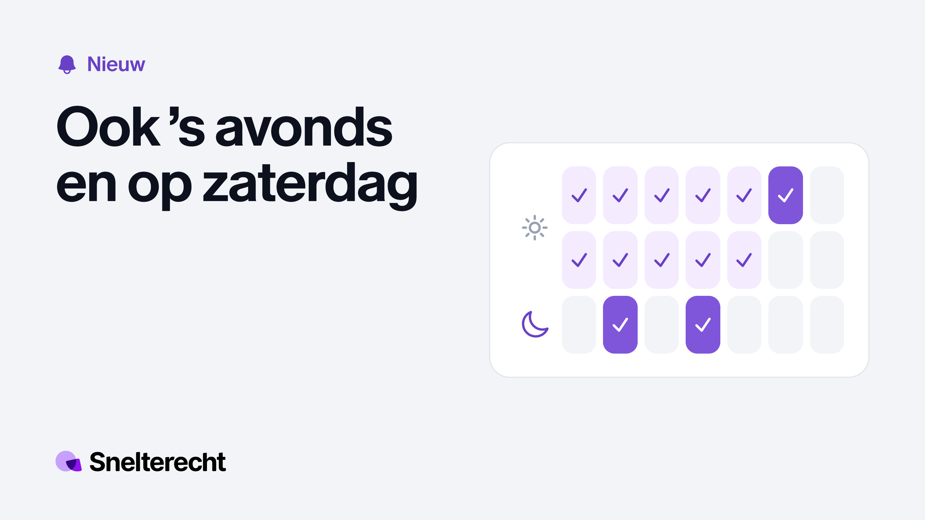Rooster van zeven dagen en drie dagdelen. De zaterdagochtend en twee avonden zijn donkerpaars aangevinkt.