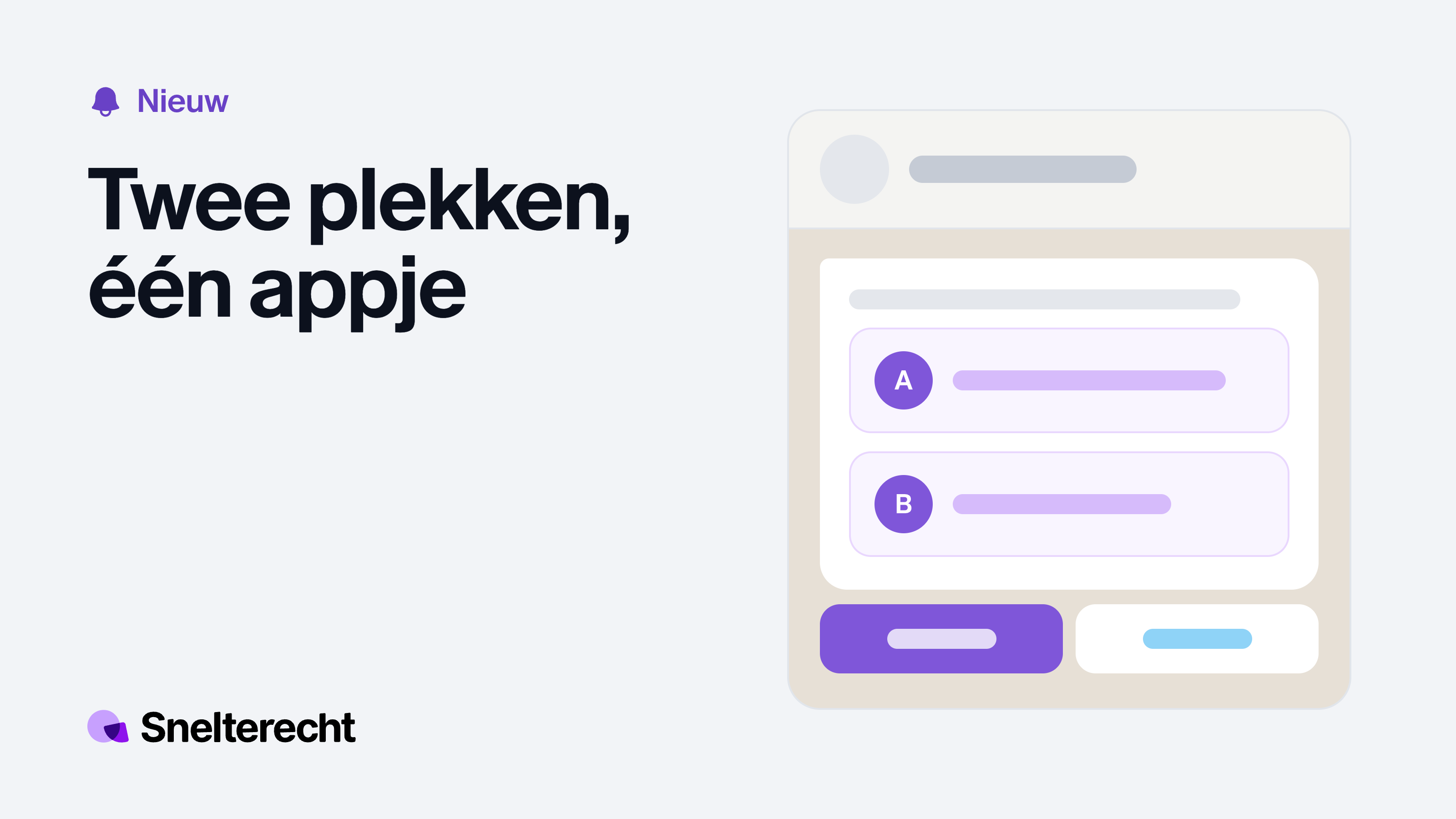 Abstract WhatsApp-bericht met twee paarse blokken, plek A en plek B, en twee antwoordknoppen waarvan de eerste paars is.