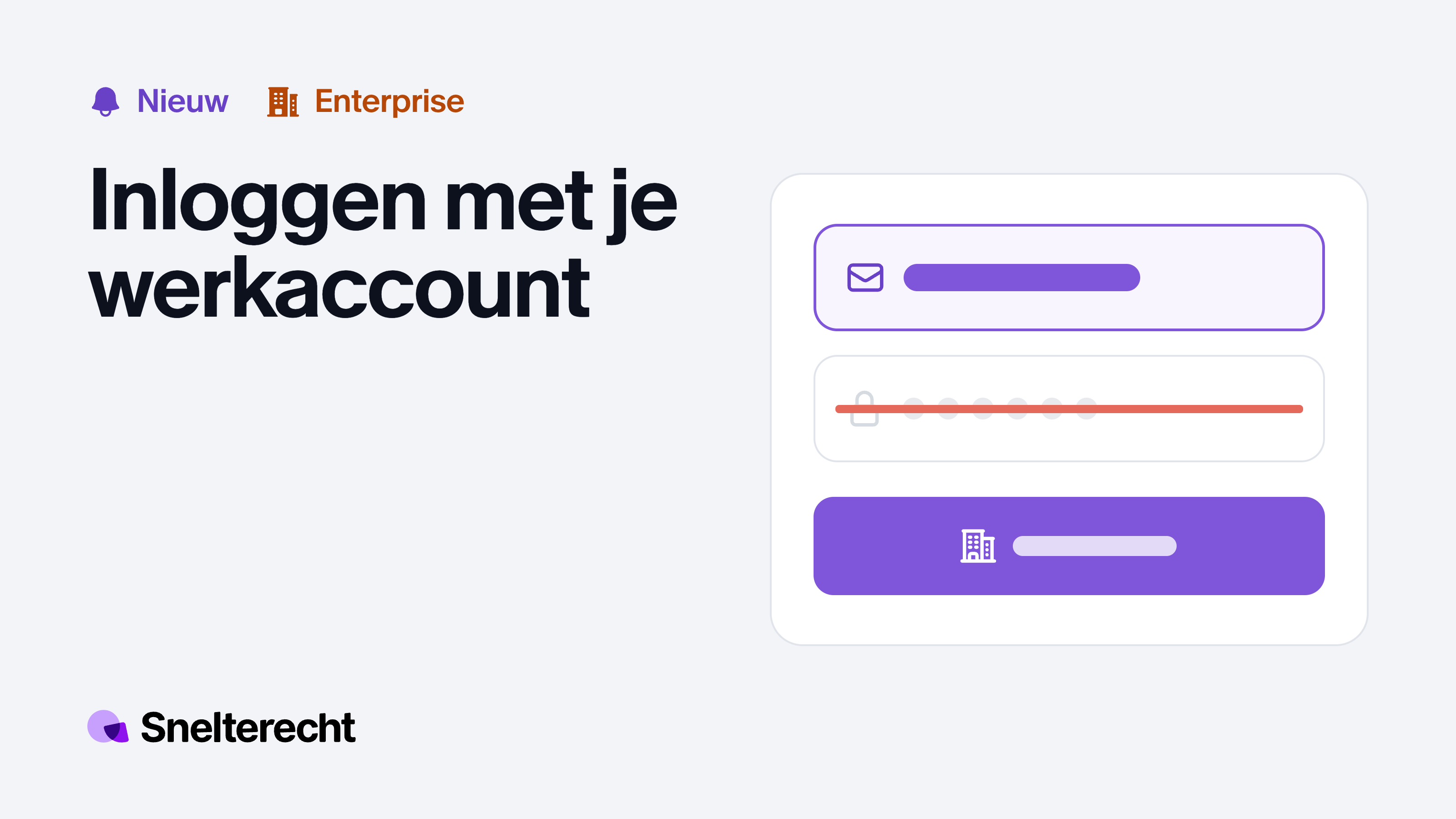 Een inlogkaart met een ingevuld werkmailadres, een doorgestreept wachtwoordveld en een paarse knop met een gebouw voor de inlog van de organisatie.