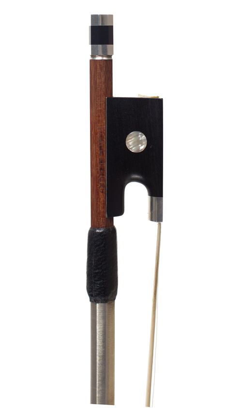 A silver-mounted contemporary violin bow by Andrew McGill, Banbury