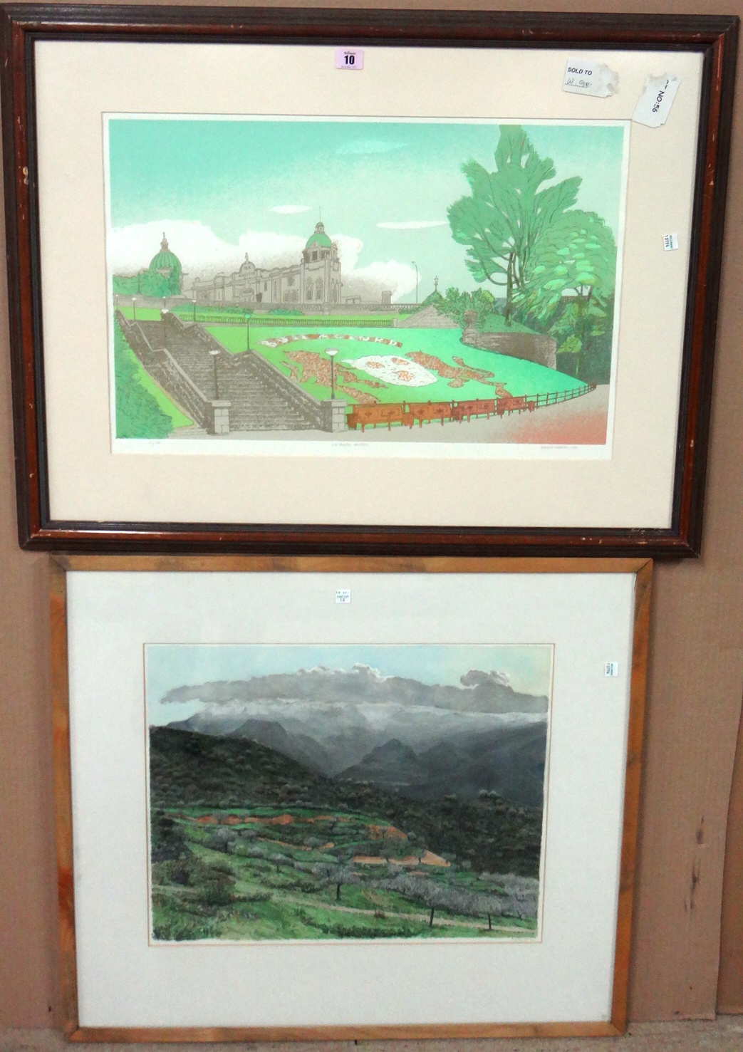 A group of three 20th century prints, including works by Donald Addison, HM Theatre Aberdeen, Liz Wright, Cricket match and M Williams Taygetus, Lands