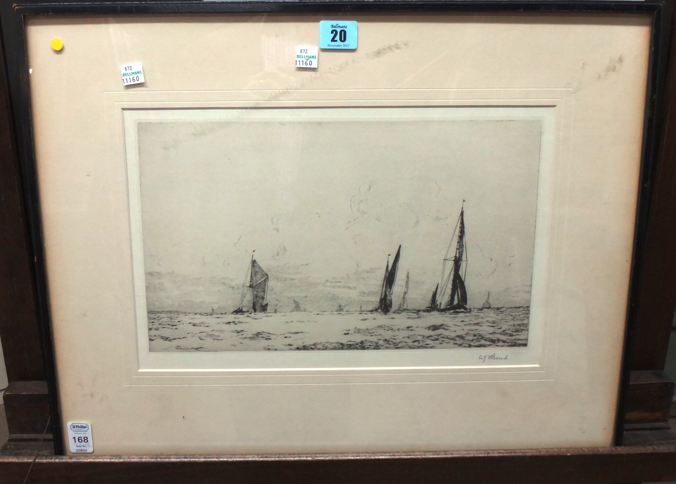 Arthur J F Bond (b.1888), Vessels off the coast, etching, signed, 20.5cm x 34cm.   J1