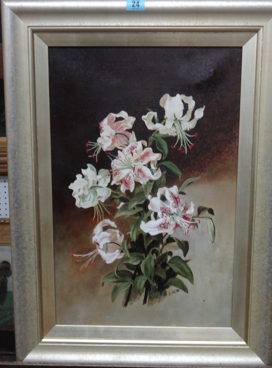 G** M** W** (early 20th century), Tiger lilies, oil on canvas, signed with initials, 52cm x 34cm. L1