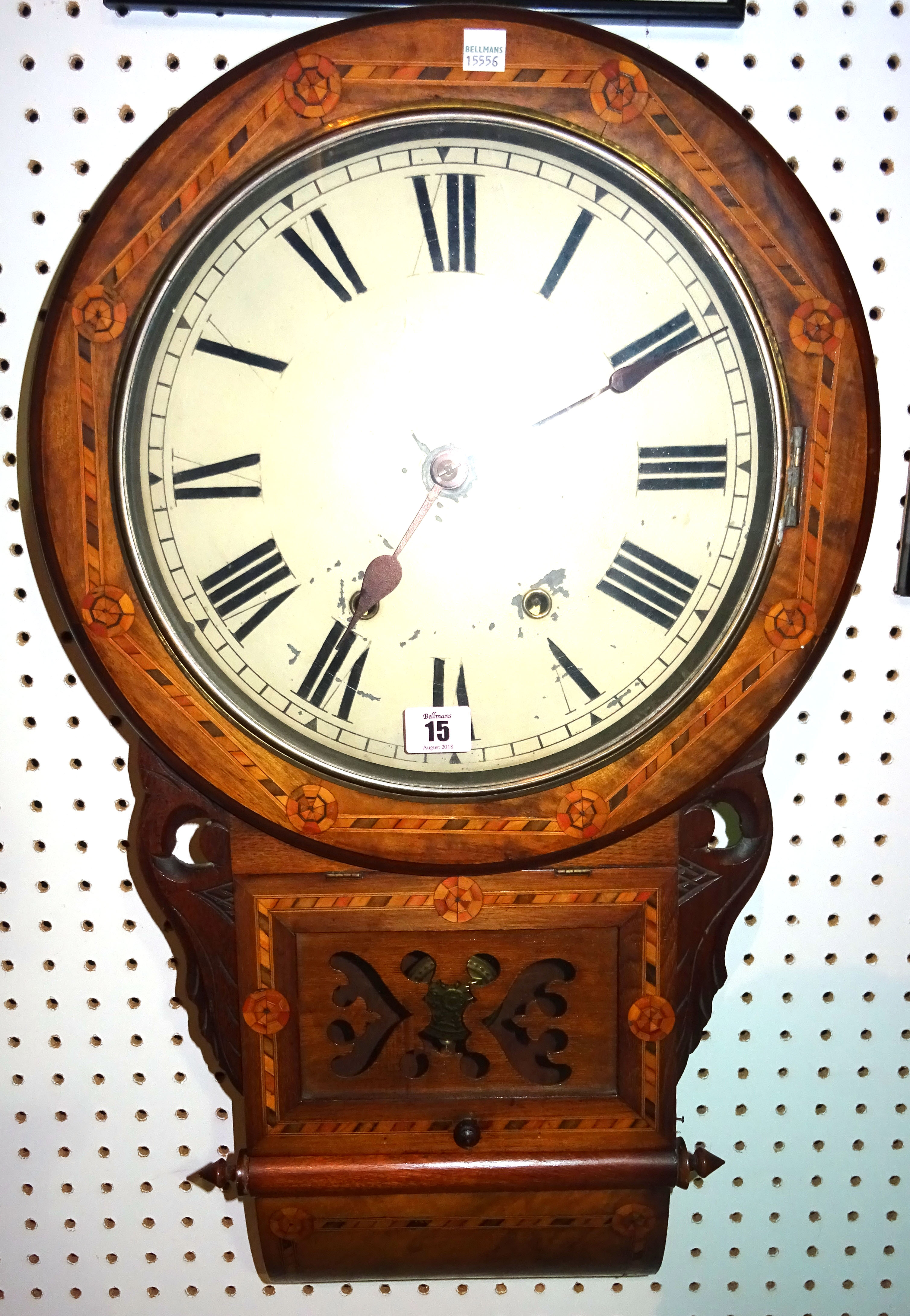 A 19th century inlaid walnut 8 day American wall clock with 11 3/4 inch dial, 72cm high.   CAB