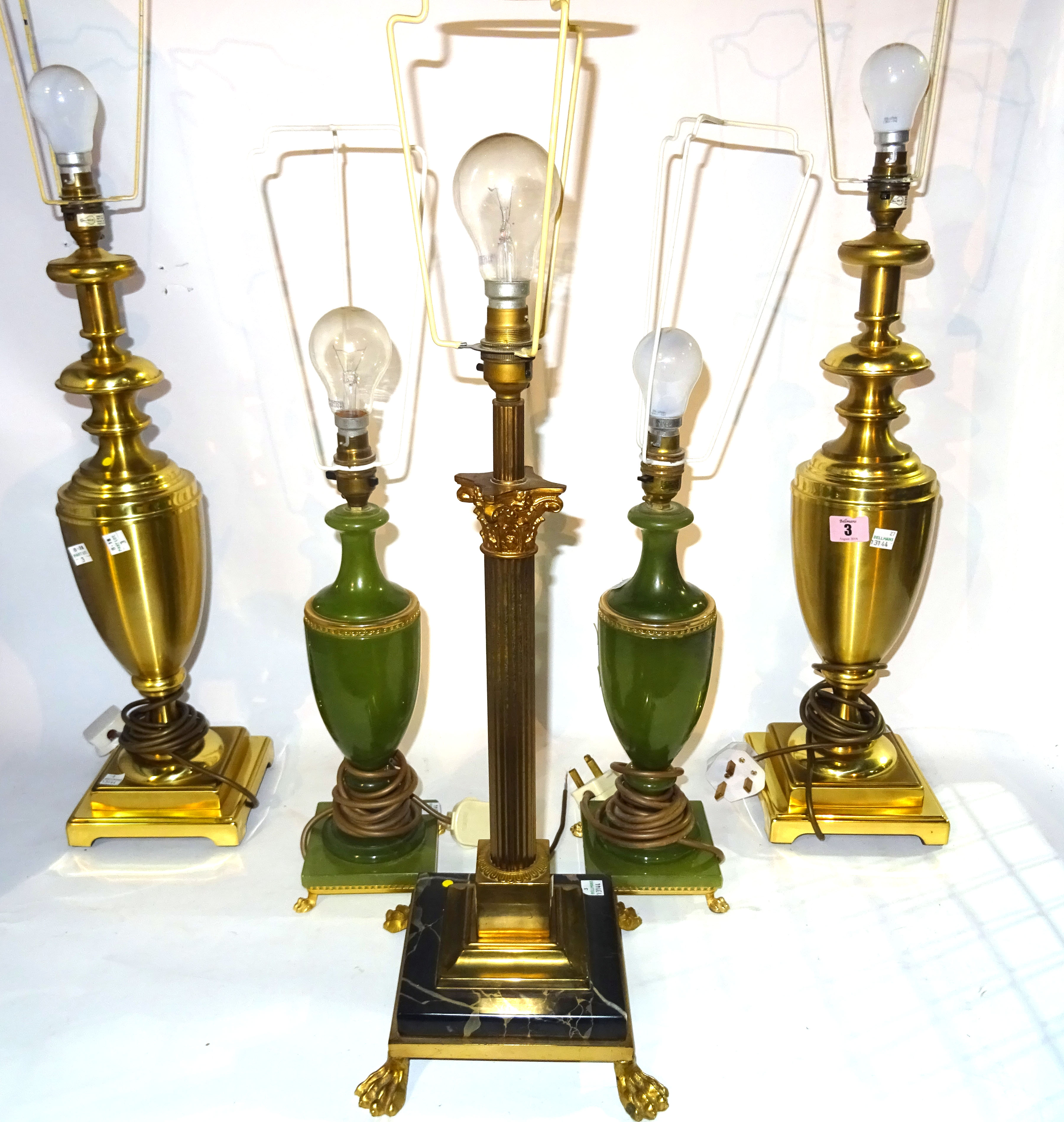 Lighting comprising; 20th century table lamps, a pair of brass urn shaped lamps, 50cm high, a pair of green glass urn shaped lamps, 40cm high and a gi