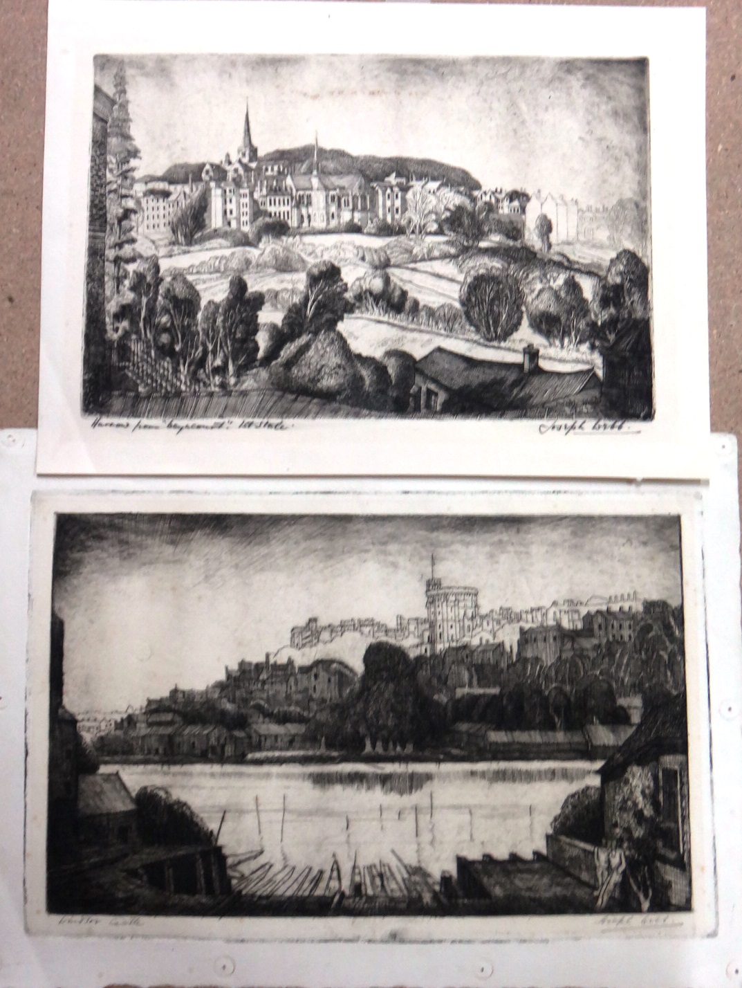 Joseph Webb (1908-1962), Harrow from Beyncourt; Windsor Castle, two etchings, both signed and inscribed, unframed, the larger 22cm x 34.5cm. (2)  CAB