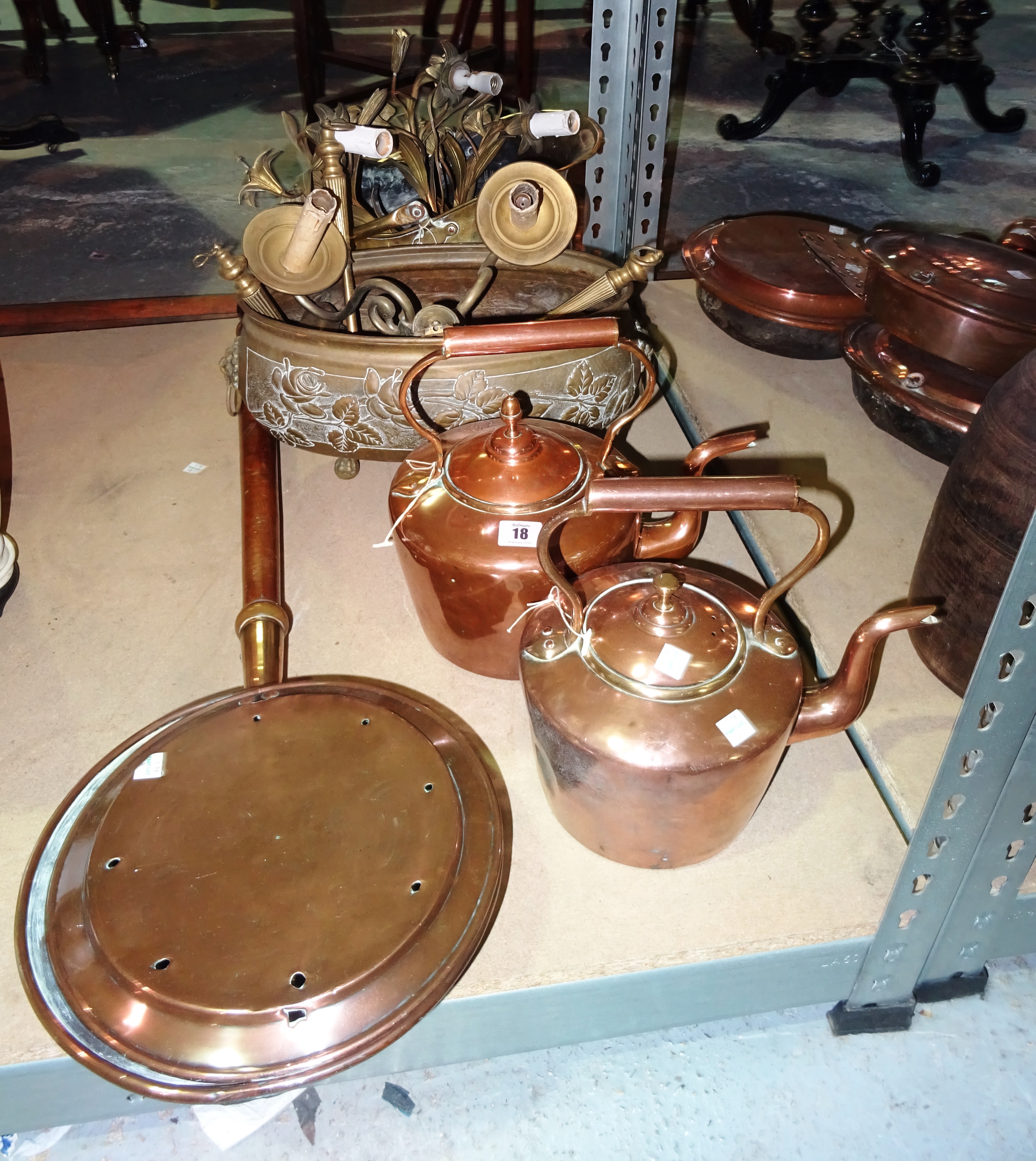 Copper and brass, including; a warming pan, two kettles, a coal bucket, wall sconce and sundry, (qty).  S2