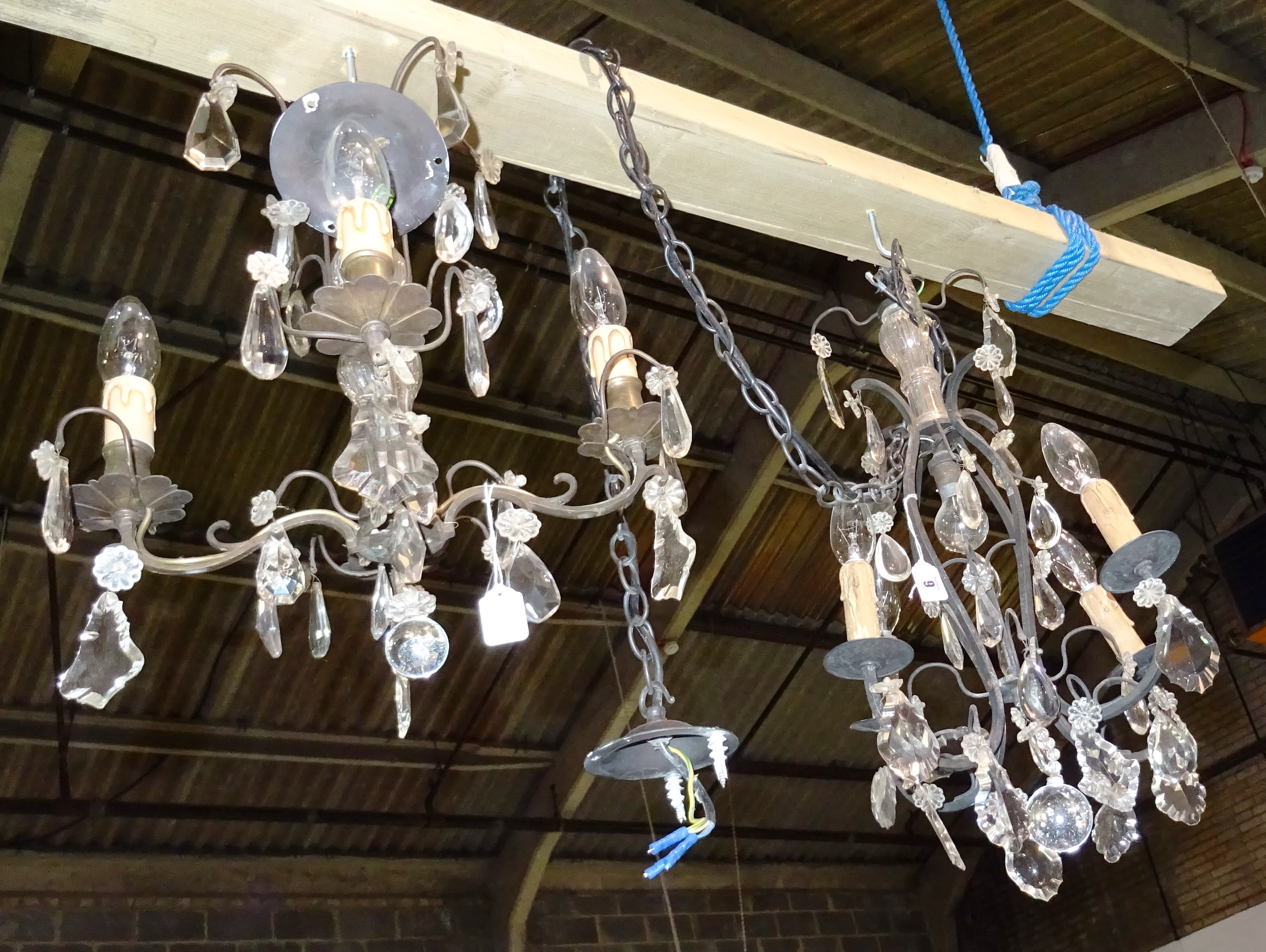 A 19th century metal and glass chandelier and another similar, 40cm high, (2).